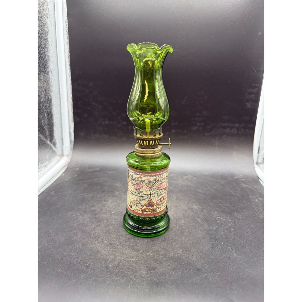 Vintage Green Glass Oil Lamp World Map Base Made in Hong Kong LHL Nautical Decor